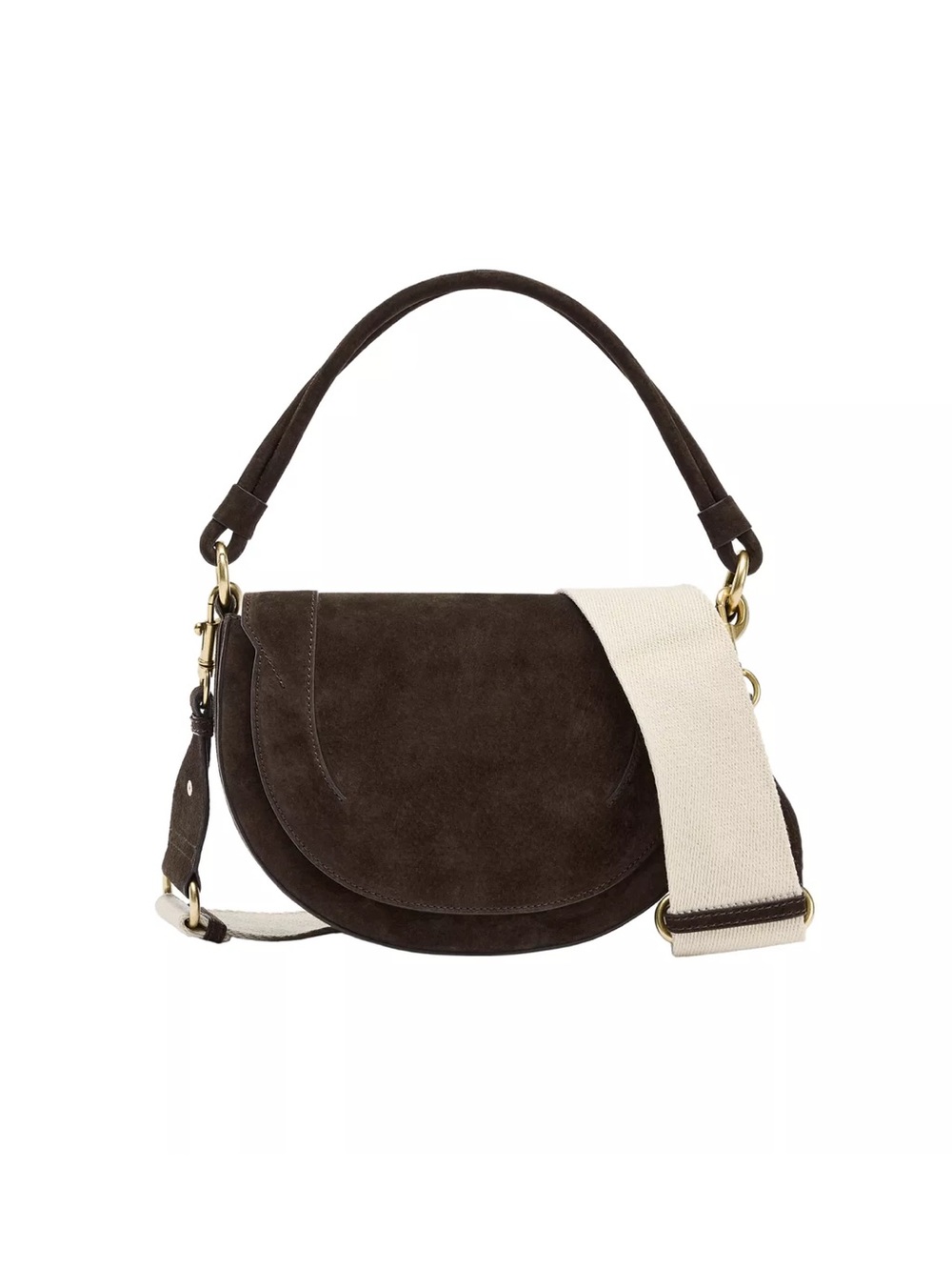 Zara Dark Brown Suede Crescent Shoulder Bag with Cream Strap